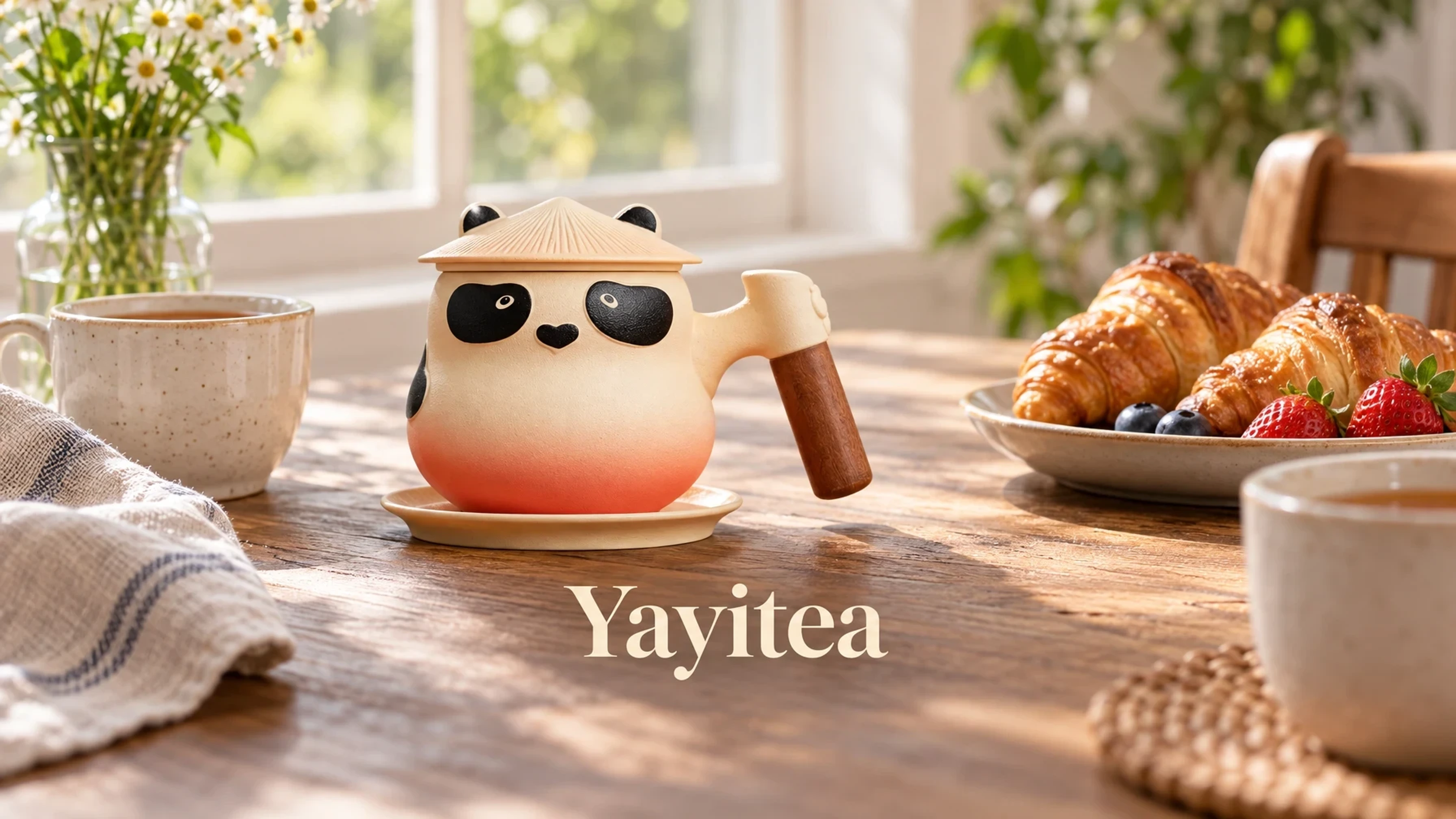 Yayitea Cute Panda Ceramic Mug with Tea Lid on a set table