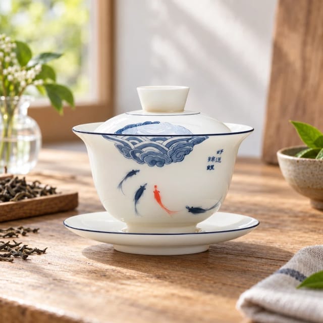 Yayitea Hand-painted Sancai Gaiwan in Sheep Fat Jade