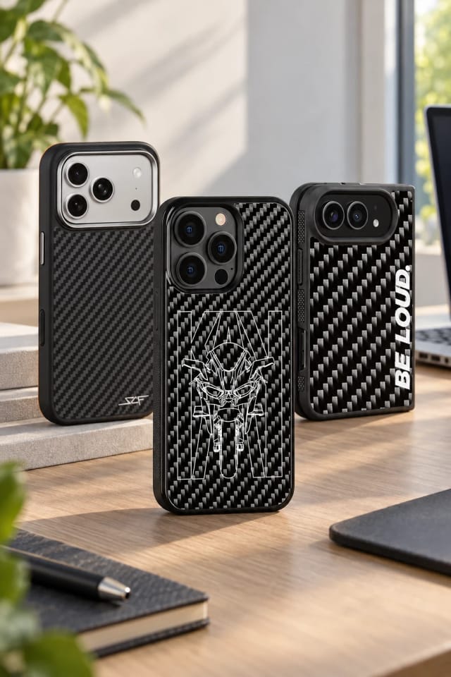 Simply Carbon Fiber Kay Carbon Fiber iPhone Case, Armor Aramid iPhone Case and Be Loud Carbon Fiber iPhone Case on a clean desk