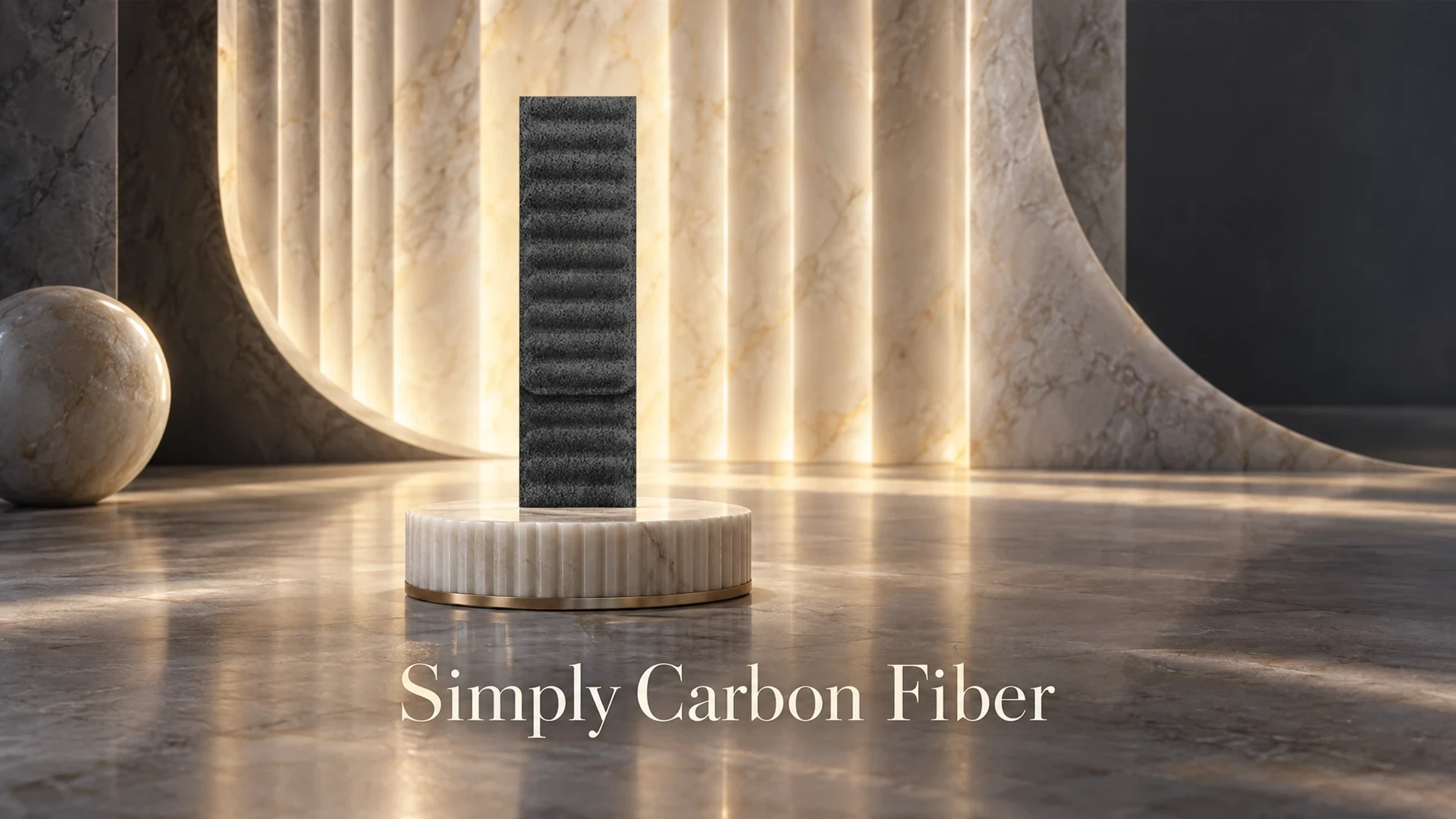 Simply Carbon Fiber Alcantara Apple Watch Magnetic Strap on an alabaster pedestal before backlit alabaster arcs