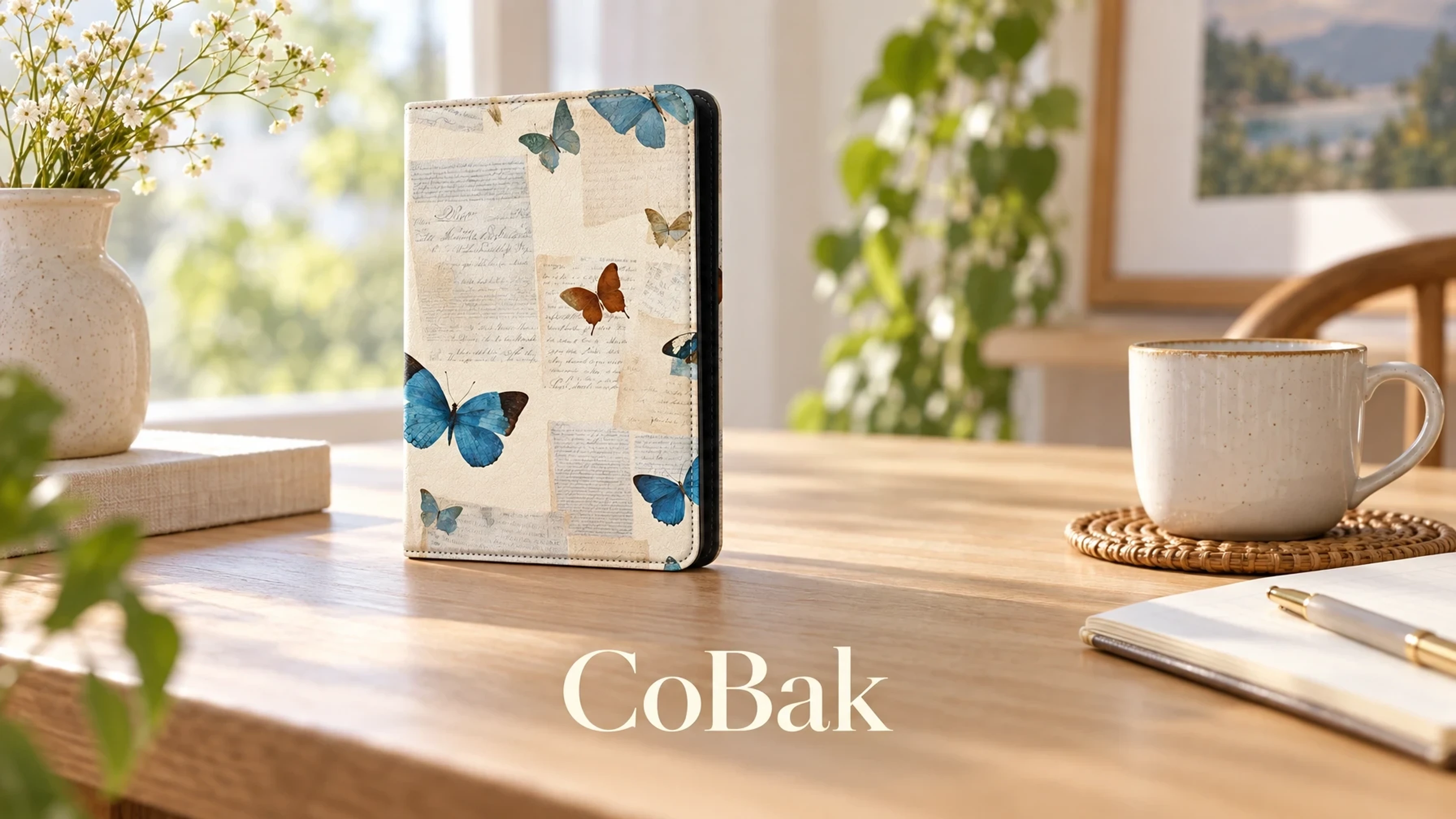 CoBak Eden Beige Butterfly Kindle Paperwhite 7 inch Case With Stand in a bright home