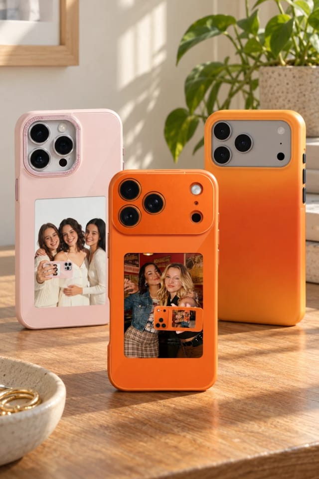 CoBak iPhone 17 NFC E-Ink Case with 4-Inch HD Display, iPhone 13–16 NFC E-Ink Case with 4-Inch HD Display and Tangerine Sea Tough Phone Case in a bright home