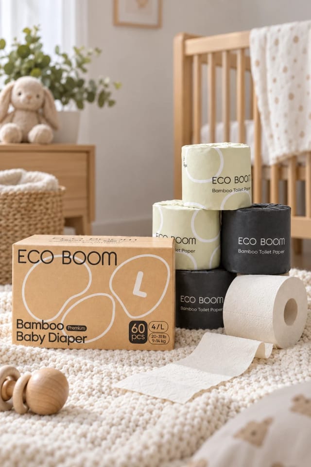 ECO BOOM Bamboo Diaper Subscription, Bamboo Diaper Trial Pack and Bamboo Toilet Paper in a bright nursery