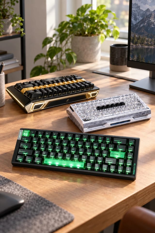 Geek Keyboard ATK RS6 Air, ATK VELOTA FUZZY 60/63 V2 キーボード and MCHOSE God 60 キーボード in a bright home