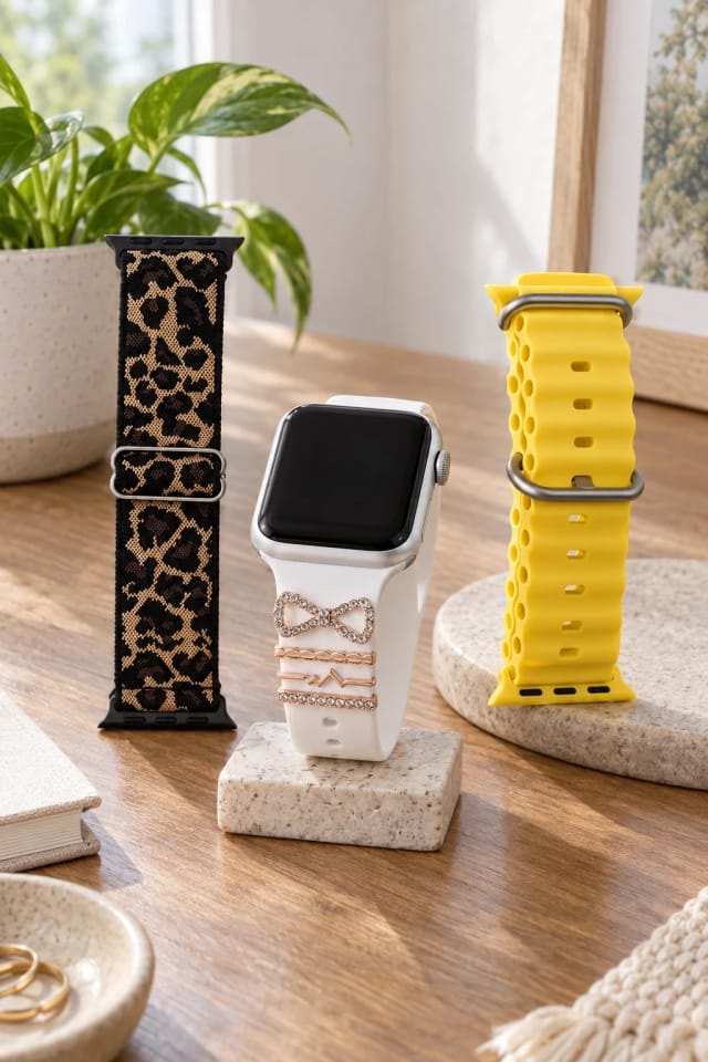 BandsCo Straps Apple Watch Band Charms, Decorative Metal Charm Sets, Stretch Nylon Loop Band, Solid & Patterned and Ribbed Silicone Band with Metal Buckle, Solid & Two-Tone in a bright home