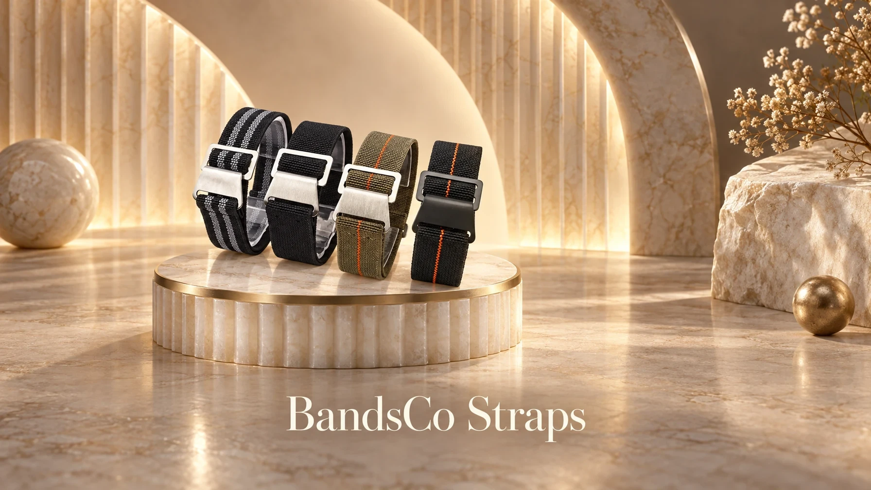 BandsCo Straps Amazfit Elastic Nylon Parachute Watch Bands on an alabaster pedestal before backlit alabaster arcs