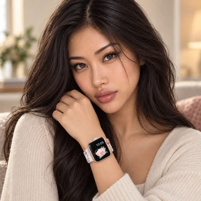 BandsCo Straps Apple Watch Clear Floral & Butterfly Silicone Band worn by Yuki, Trovemont's virtual model (AI-generated)