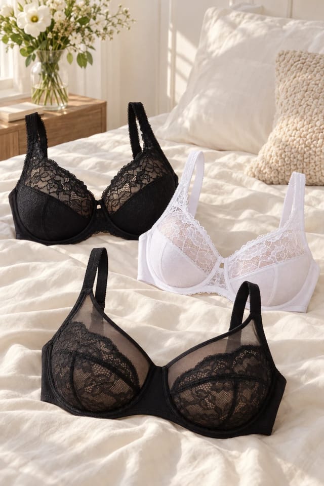 Essenther Global Full Coverage Underwire Mesh Lace Bra and Beauty Lace Bra in a bright bedroom