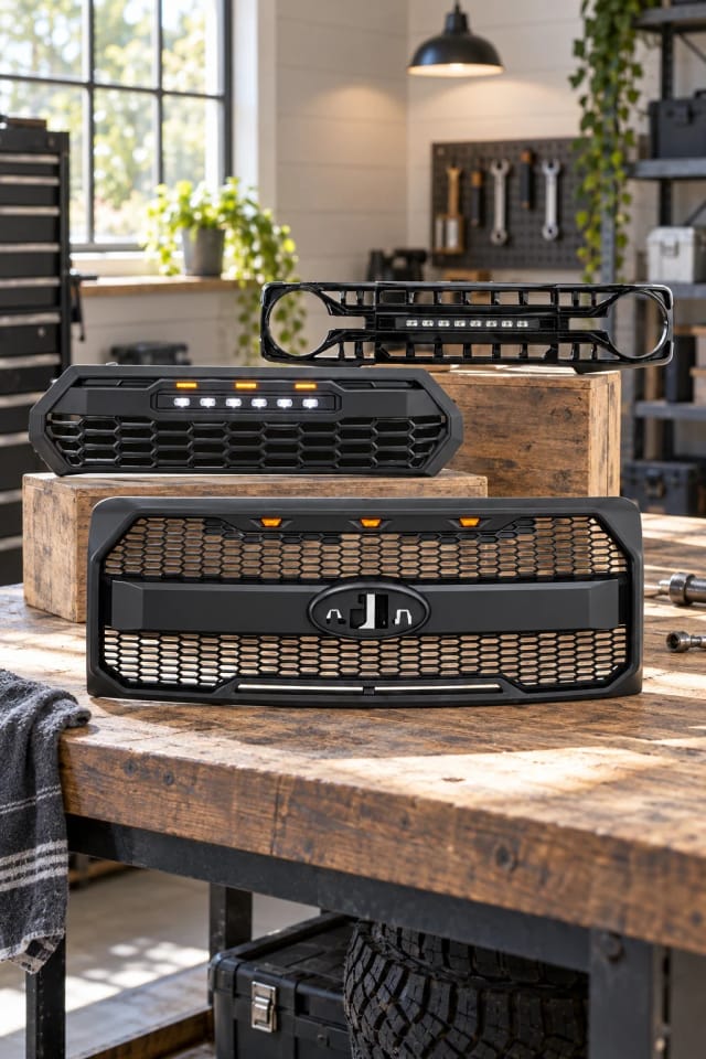 TRD PRO Style Front Grille w/ LED Off-Road Lights, Amber Lights for 2024+ Toyota Tacoma - Matte Black, Armor Grille W/ Off-Road Lights - Glossy Black For 2021+ Ford Bronco and Raptor Style Mesh Grille W/ Amber Lights Emblem Base For 2009 - 2014 Ford F150 (ETA Mid November) in a bright home