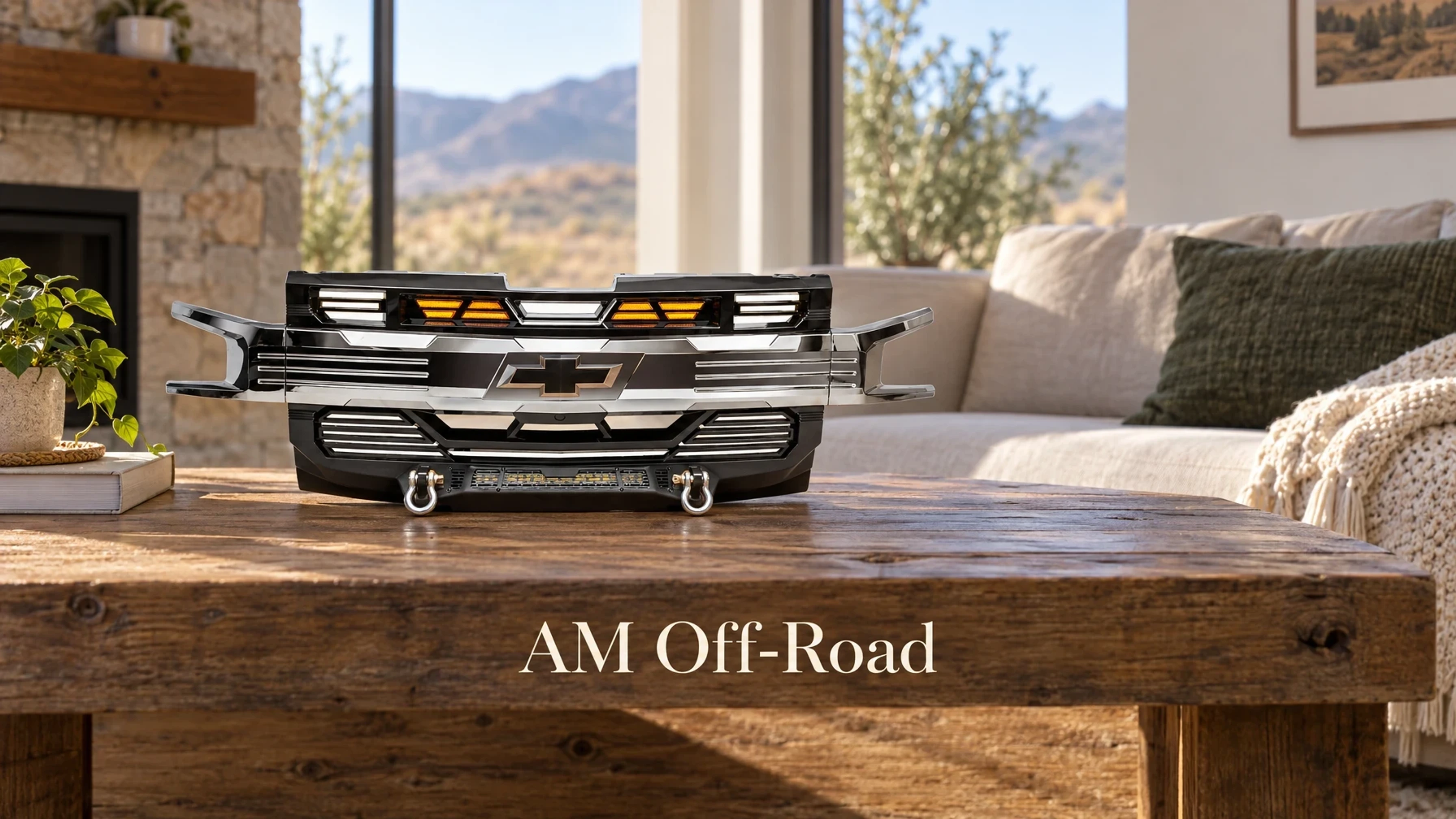AM Off-Road Armor Grille W/ Amber Lights & Emblem Holder - Chrome Glossy Black For 2019-2022 Chevy Silverado 1500 on a clean desk