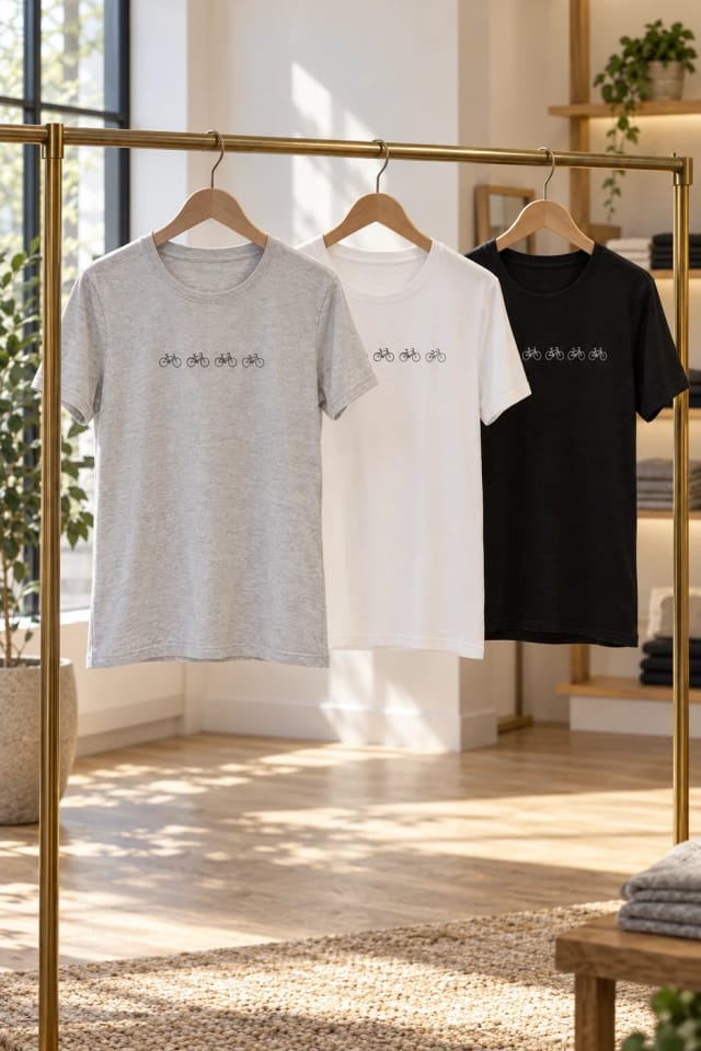 Solé Bicycles Lined Up Mens Heather Grey T-Shirt, Mens White T-Shirt and Womens Heather Black T-Shirt in a sunlit boutique