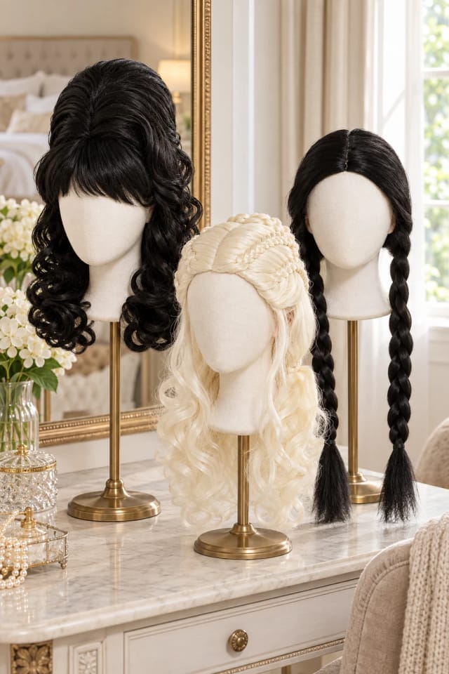 Funtasy Wigs 1960’s Vintage Wavy Curly Beehive Theatrical Wig in Natural Colors, WEDNESDAY ADDAMS Style Theatrical Costume Wig and DAENERYS TARGARYEN Style Theatrical Costume Wig in a bright salon
