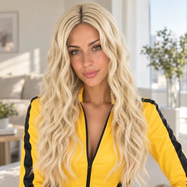 Funtasy Wigs BEATRIX KIDDO Style Theatrical Premium Wig worn by Léa, Trovemont's virtual model (AI-generated)