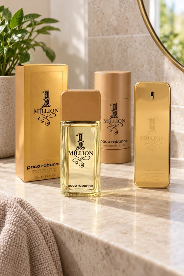 Fragrant Nest 1 Million by Paco Rabanne After Shave Lotion 3.4 oz (Men), Deodorant Stick 2.5 oz (Men) and Eau De Toilette Spray (Tester) 3.4 oz (Men) in a bright bathroom