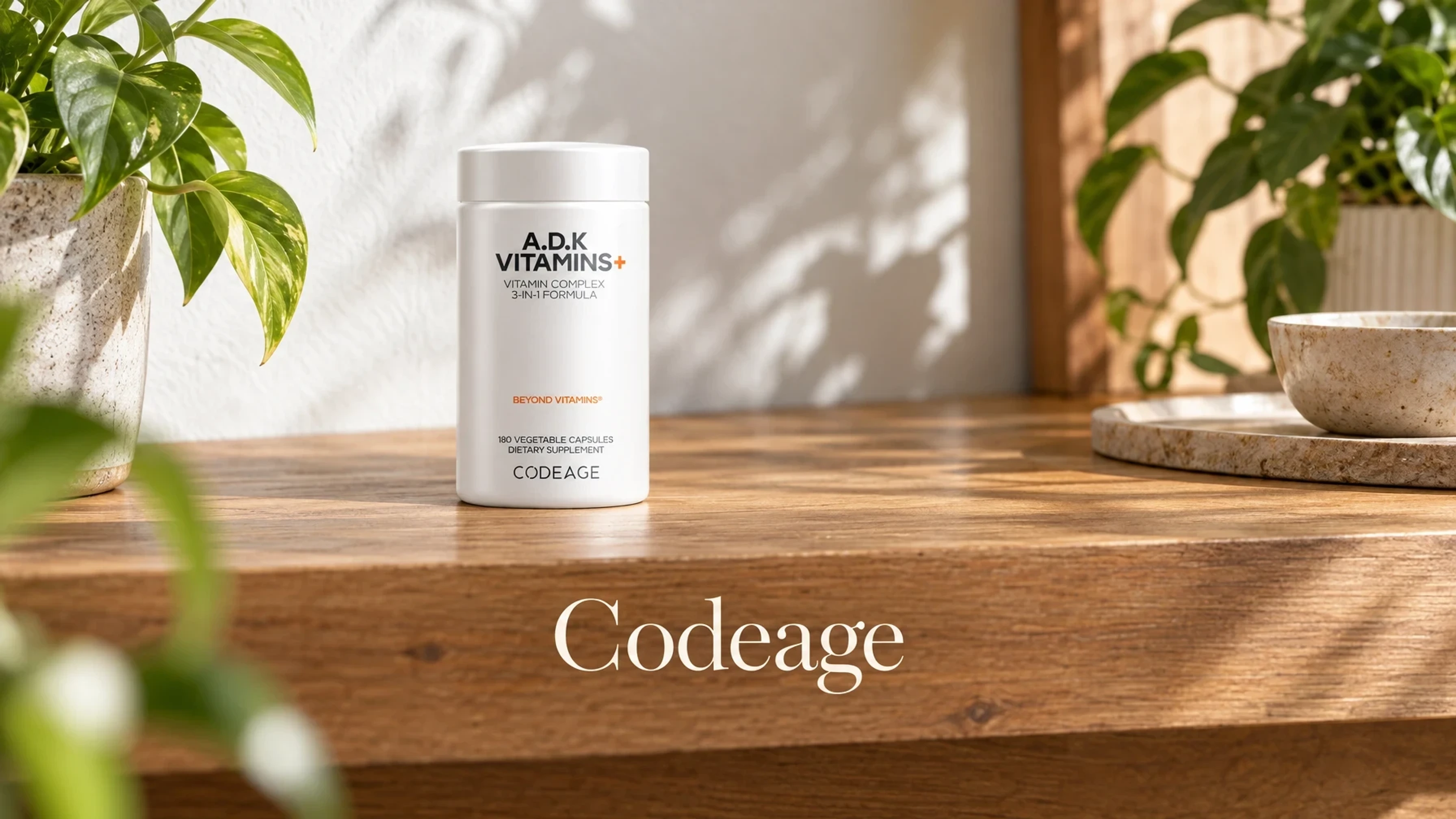 Codeage A D K Vitamins in a sunlit kitchen