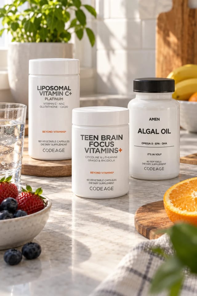Codeage Teen Brain Focus Vitamins+, Liposomal Vitamin C+ Platinum and Amen Algal Oil in a sunlit kitchen