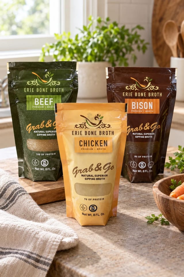 Erie Bone Broth Beef Bone Broth 8oz, Bison Bone Broth 8oz and Chicken Bone Broth 8oz in a bright home