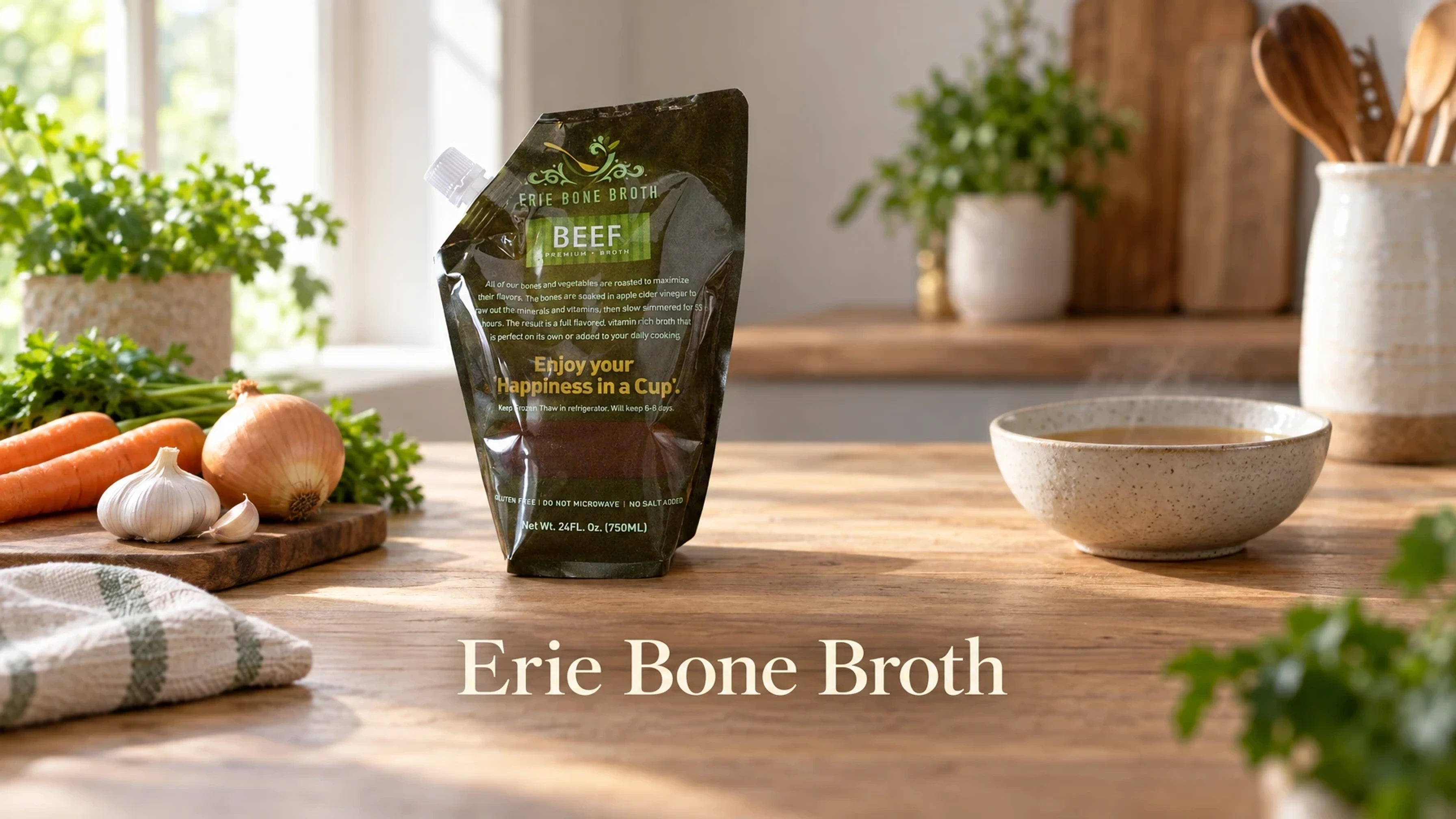 Erie Bone Broth Beef Bone Broth in a bright home