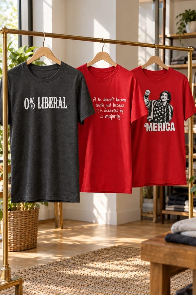 Libertarian Country 0% Liberal Shirt, A Lie Doesn't Become Truth Shirt and 'Merica Jack Hughes Olympic Gold Medal USA Hockey Shirt in a sunlit boutique