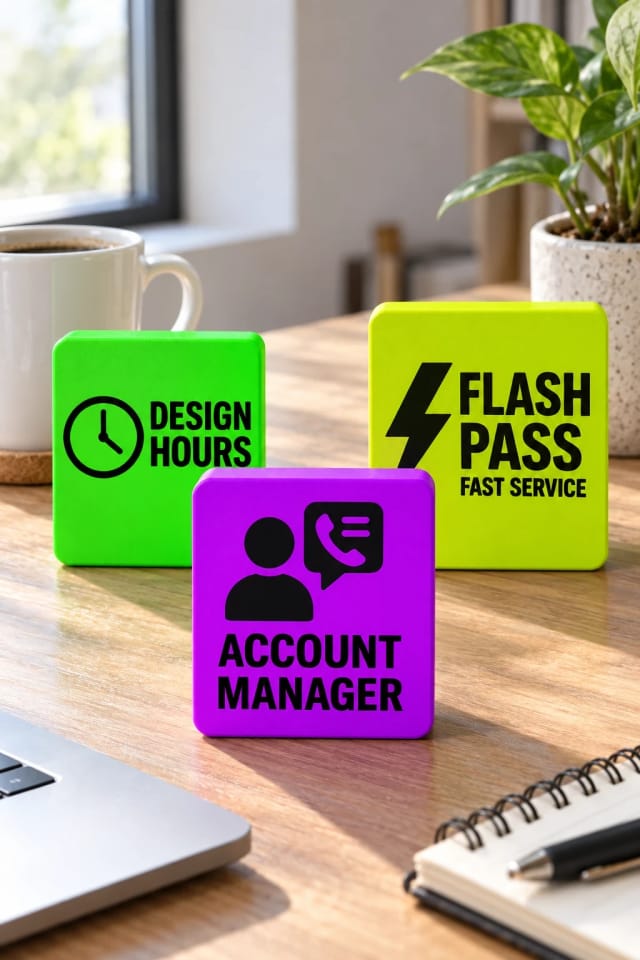 TACKLEMYTASK Account Manager, Design Hours and Flash Pass on a bright desk