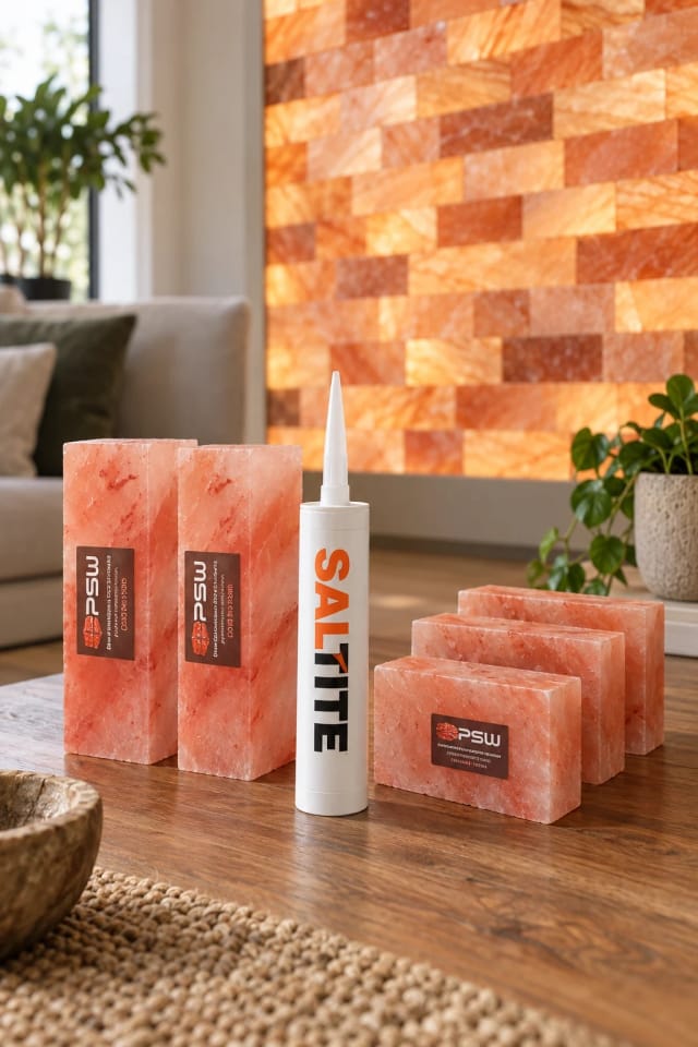 Saltite 10×4 ft Himalayan Salt Wall Kit, 5×8 ft Himalayan Salt Wall Kit and 5×4 ft Himalayan Salt Wall Kit in a bright home
