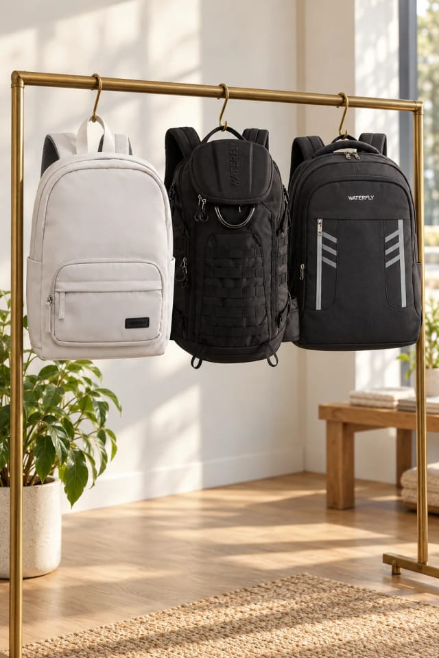 Waterfly Elemental Pura 2.0 Lightweight Backpack, Waterfly Adventure 2.0 Waterproof Tactical Backpack and Waterfly Urban Elite TrackLine Backpack in a sunlit boutique