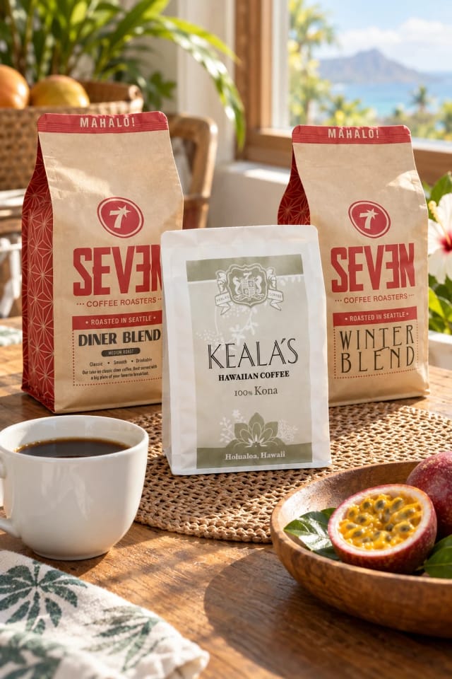 Seven Coffee Roasters Winter Trio, Dark Roast Bundle and 100% Kona Hawaiian Coffee on a set table