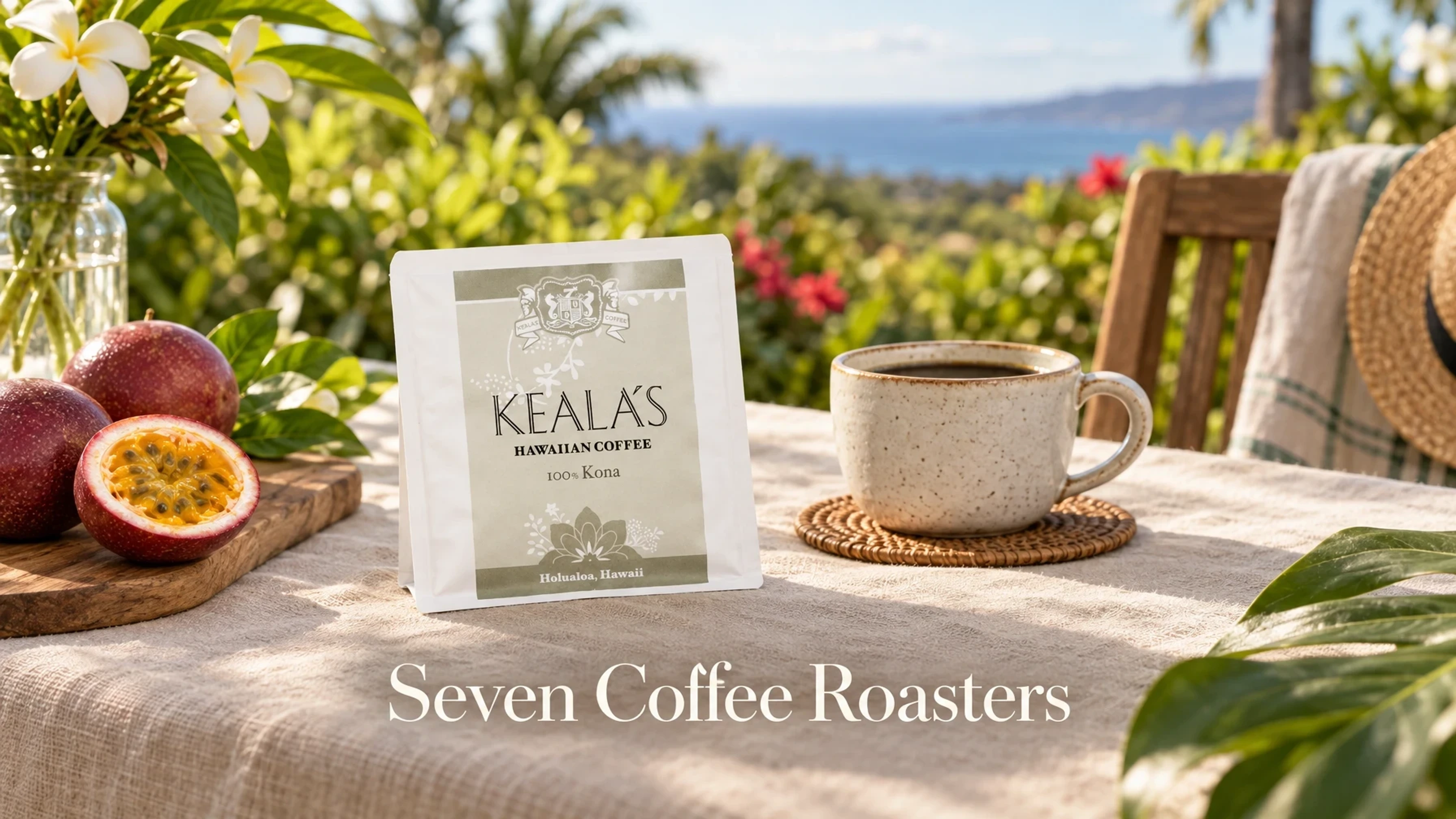 Seven Coffee Roasters 100% Kona Hawaiian Coffee on a set table