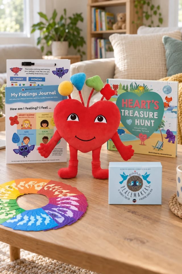 Generation Mindful Heart SnuggleBuddies Emotions Plush & Book Bundle, PeaceMakers Affirmation Cards and Calming Corner Bundle in a bright living room