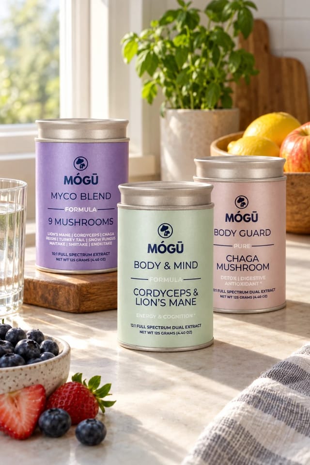 Mogu Mushrooms Organic Lion's Mane & Cordyceps militaris, Myco Blend - 9 Mushrooms and Organic Chaga in a sunlit kitchen
