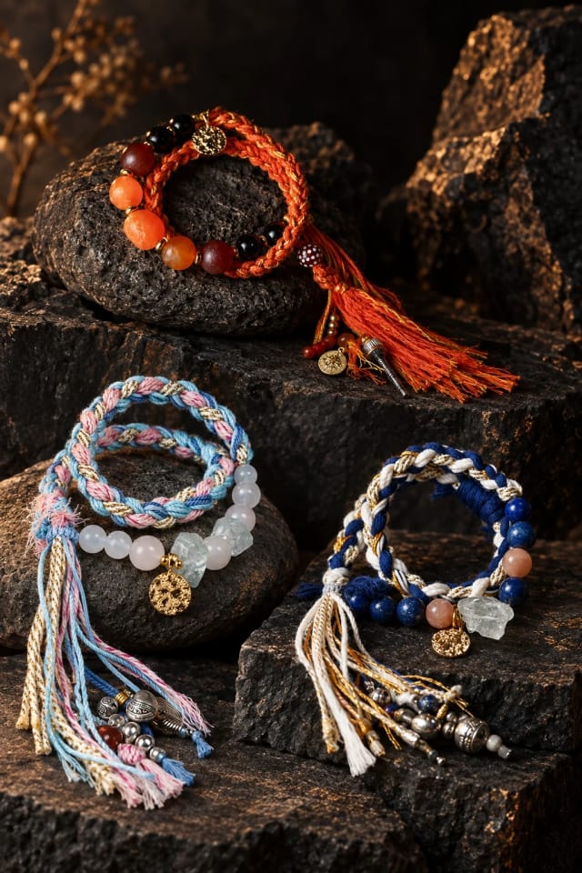 TibetanTwist Leo Flame-Weaved Radiance Bracelet – Orange & Gold, Pisces Tide-Weaved Dream Bracelet – Light Blue & Blush and Aquarius Breeze-Weaved Vision Bracelet – White & Gold-Blue on dark basalt ledges