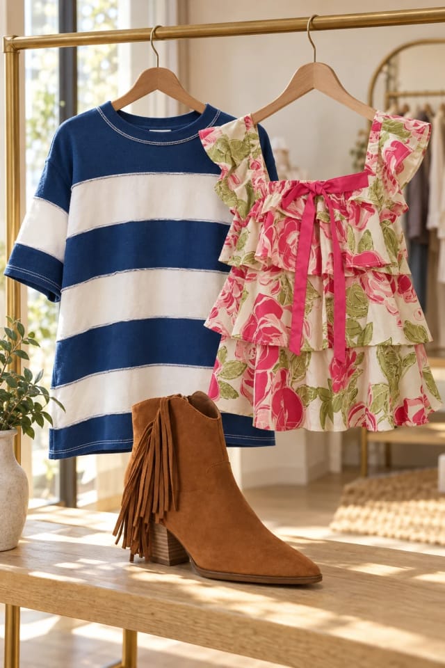 Liorienne Suede Fringe Point Toe Ankle Boots, French Terry Striped Exposed Seam Top - Zenana and Floral Bow Tie Ruffle Square Neck Top - BiBi in a sunlit boutique