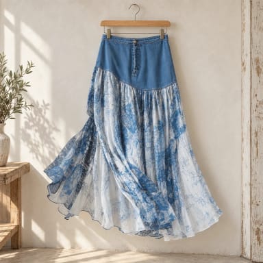 Denim-Paneled Floral Print Skirt