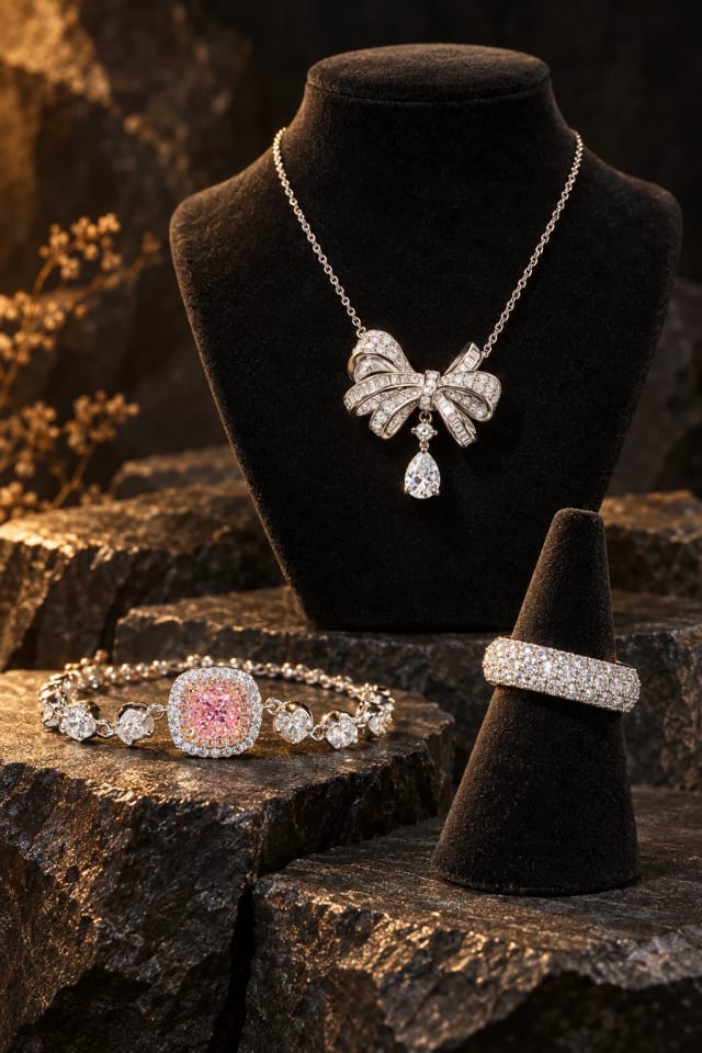 East Hills Casuals 925 Sterling Silver Zircon Bow Teardrop Necklace, Necklace and Ring on dark basalt ledges