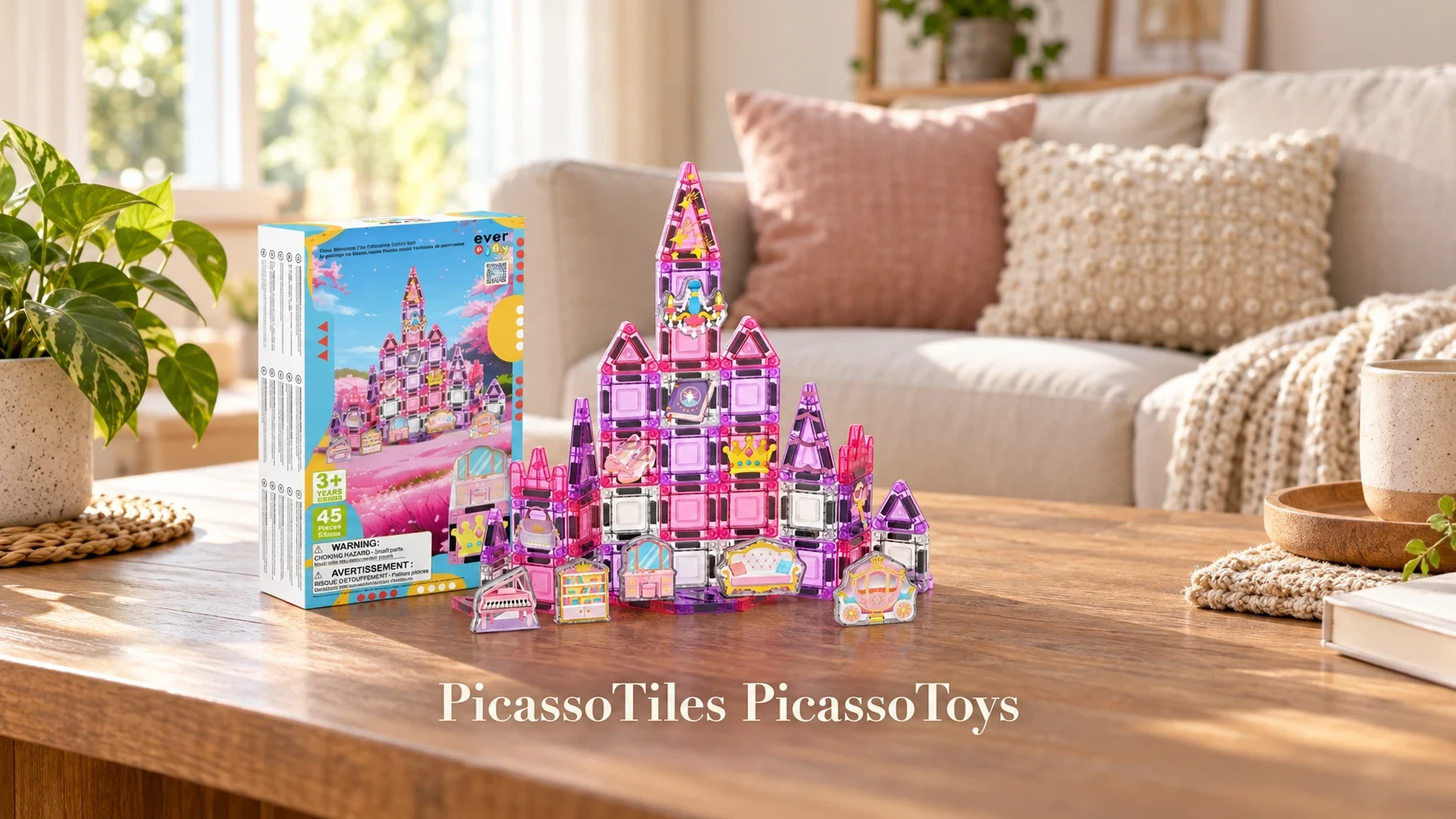 PicassoTiles PicassoToys EverPlay Nano Magnetic Tiles Princess Castle Travel Building Blocks Toy Set in a bright living room