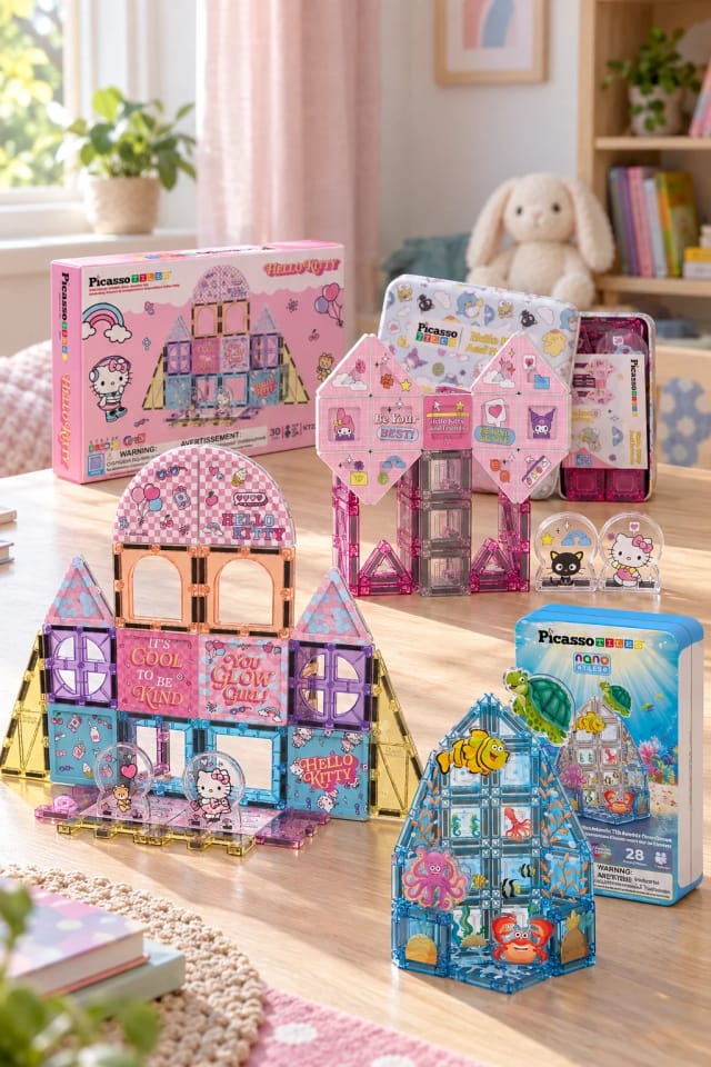 Hello Kitty® Magnetic Tiles Construction Building Toy Set by PicassoTiles, Hello Kitty® and Friends Nano Magnetic Tiles Set with Tin Case by PicassoTiles and PicassoTiles Nano Magnetic Tiles Aquatic Theme Travel Toy Set with Tin Box in a bright home