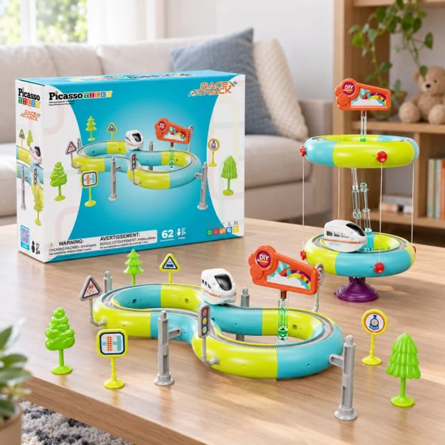 PicassoTiles 62pc Upside-Down Sky Train Tracks Race Set with Light & Sound