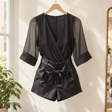 Black Sheer Mesh Sleeve Wrap Bodysuit for Women, Long Sleeve V-Neck Going Out Top