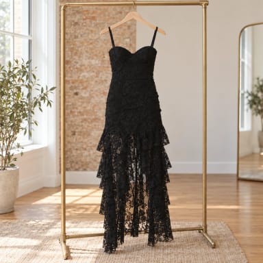 Wrapped In Lace- Black Lace and Ruffle Maxi Dress