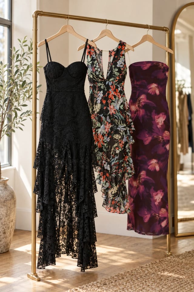 Minit Fashion Wrapped In Lace- Black Lace and Ruffle Maxi Dress, Havana Nights- Floral Tiered Ruffle High-Low Dress and Burgundy Purple Strapless Tube Midi Dress in a sunlit boutique