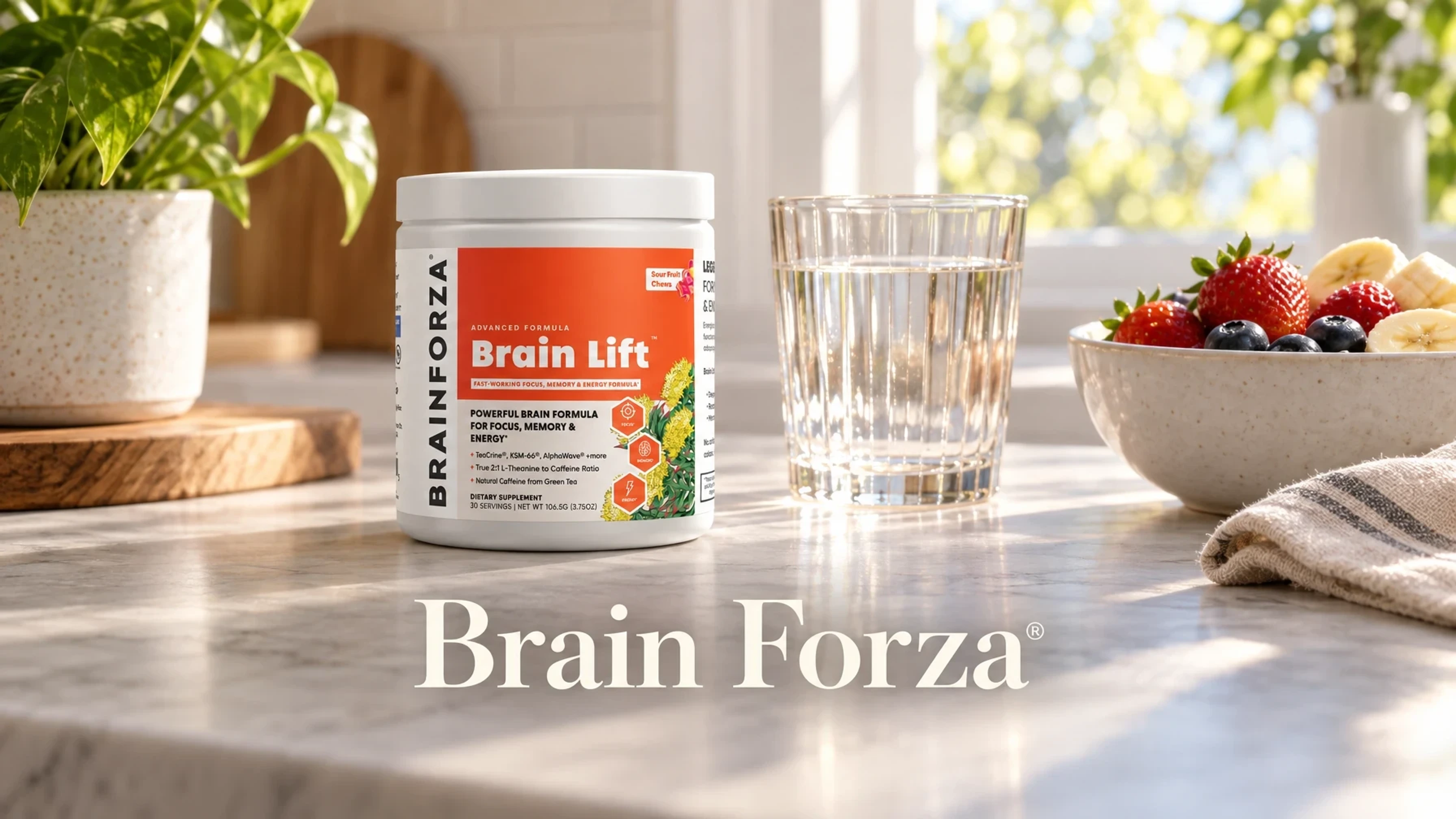Brain Lift Energizer, 30 Servings in a sunlit kitchen