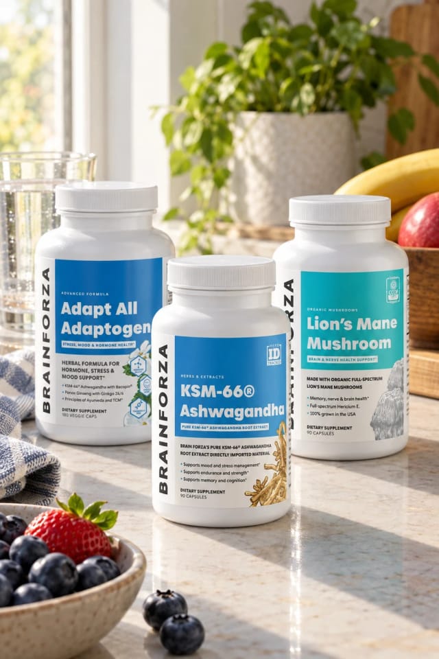 Brain Forza® KSM-66 Ashwagandha Root, 90 Capsules, Adapt All Adaptogen, 180 Capsules and Organic Lion's Mane Mushroom, 90 Capsules bottles in a sunlit kitchen