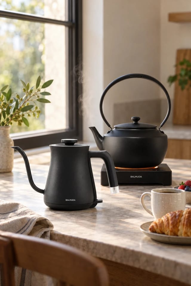 BALMUDA The Kettle and MoonKettle on a set table