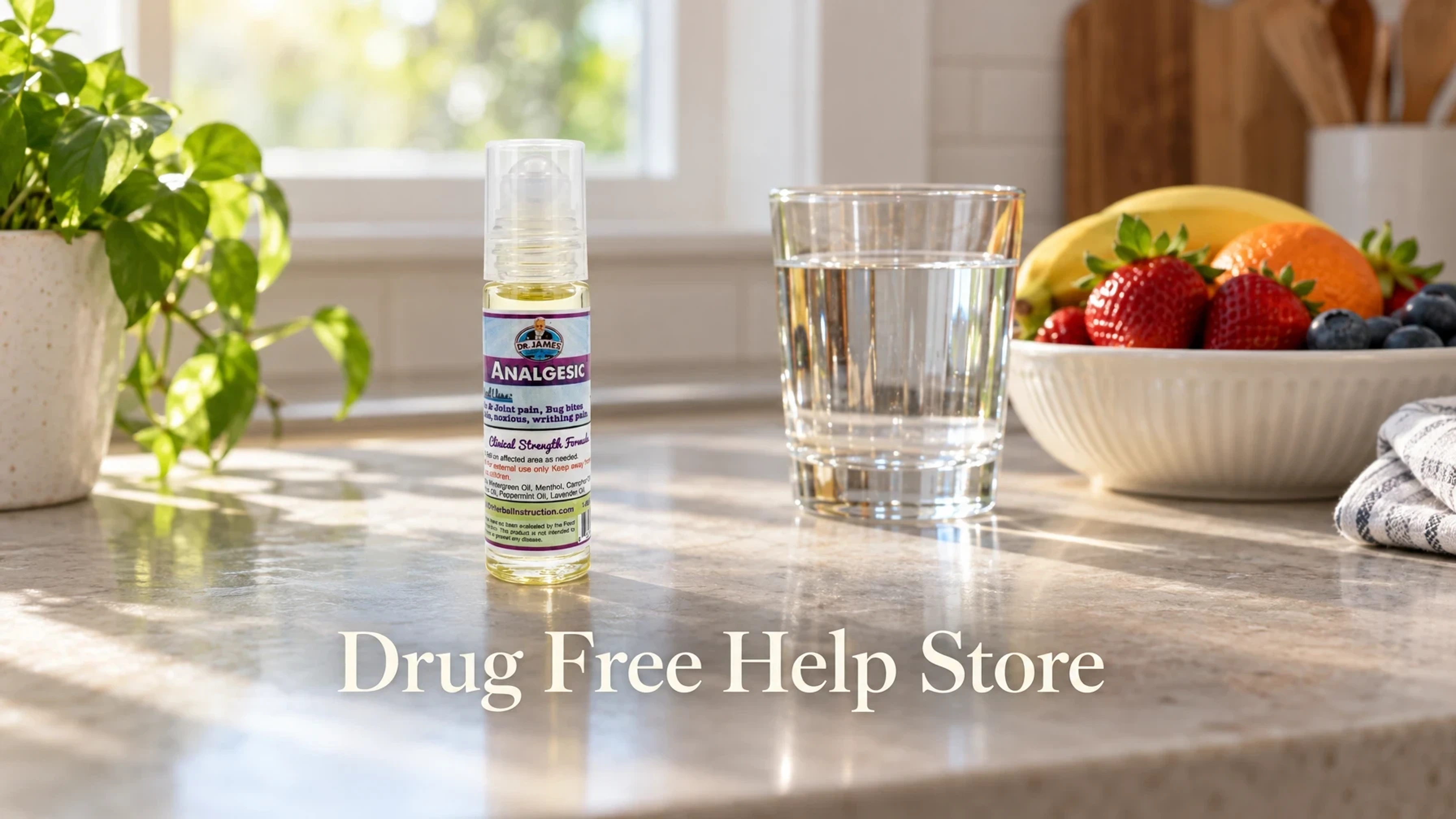 Drug Free Help Store Analgesic Oil in a Roll on Bottle in a sunlit kitchen