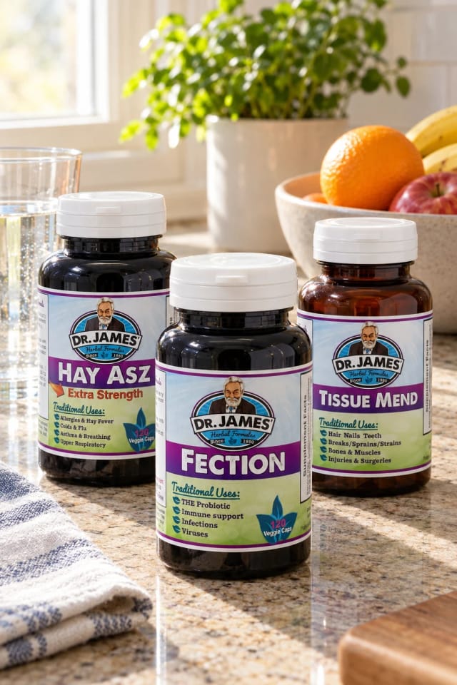 Drug Free Help Store Hay Asz Extra Strength, Fection and Tissue Mend bottles in a sunlit kitchen