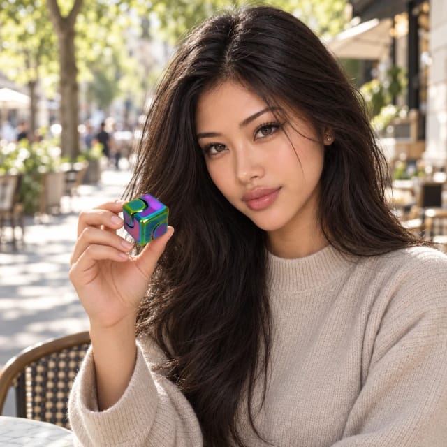 Nikola Toy EDC Fidget Toys - Square Spinning Top presented by Yuki, Trovemont's virtual model (AI-generated)