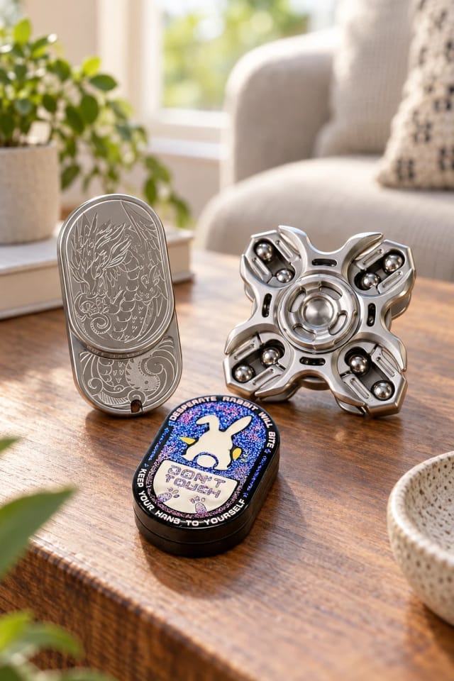 Nikola Toy EDC Fidget Toys Grumpy Rabbit, Dragon Law and Oracle Spinner in a bright living room