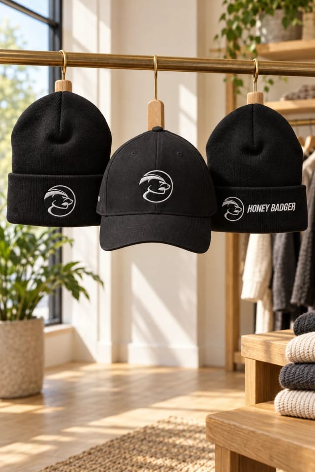 Honey Badger Beanie, Flexfit Fitted and Horizontal Beanie in a sunlit boutique