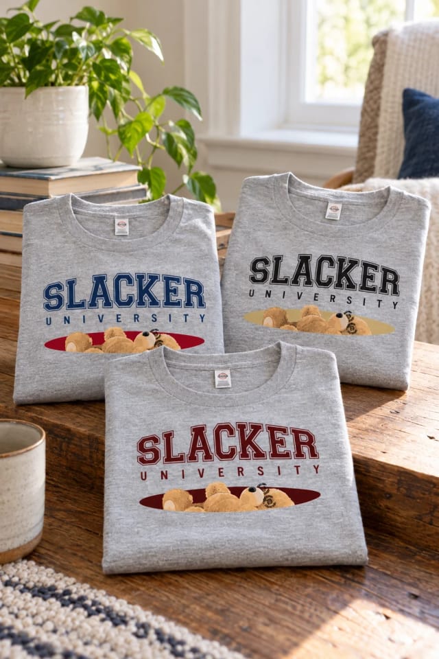 Slacker Bear T Aggie Red, Bear Down Blue and Buffalo Gold in a bright home