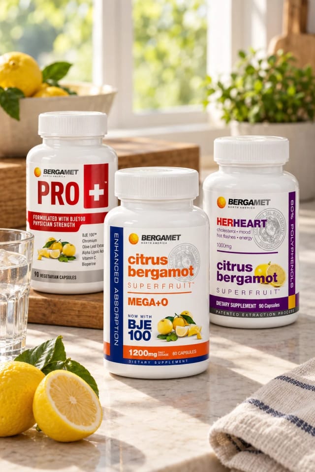BergaMet MEGA+O - Citrus Bergamot SuperFruit™, BergaMet PRO+ Citrus Bergamot SuperFruit™ and BergaMet HER HEART - Citrus Bergamot SuperFruit™ bottles in a sunlit kitchen